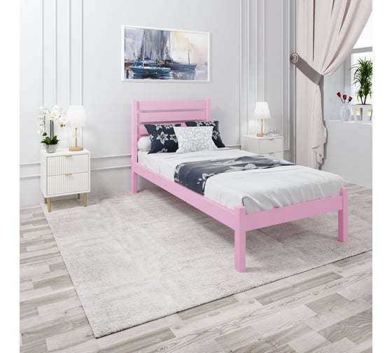 Изображение товара Кровать односпальная Solarius Классика из массива сосны с ортопедическим основанием и высокой спинкой, цвет розовый, 90x190 см klasorto-spin90roz-190