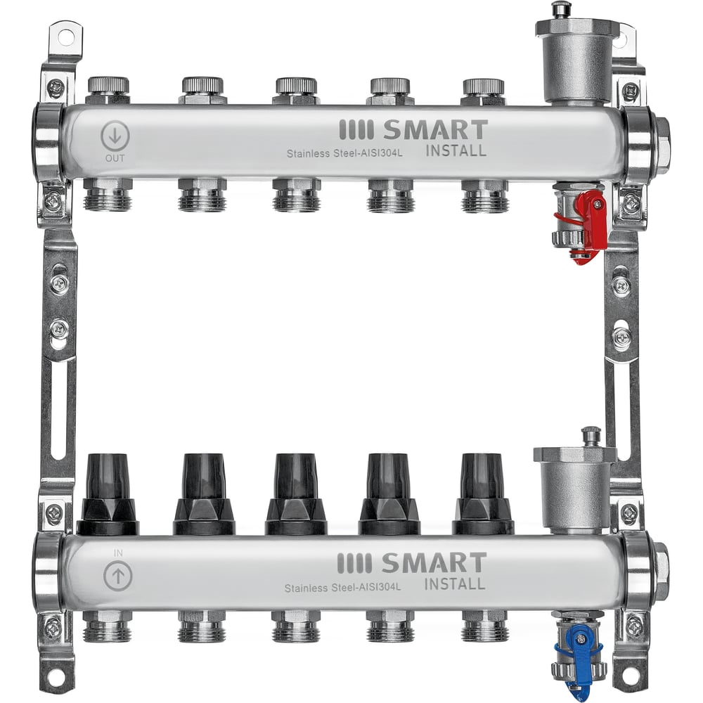 Изображение товара Комплект коллекторов Smart Install из нержавеющей стали с термостатическими клапанами, 7 контуров,