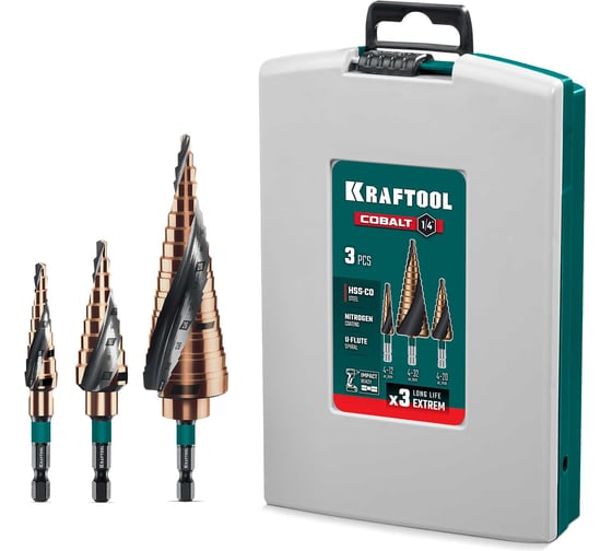 Изображение товара Набор сверл ступенчатых KRAFTOOL Cobalt 4-32 м, 3 шт 29691-4-32-H3