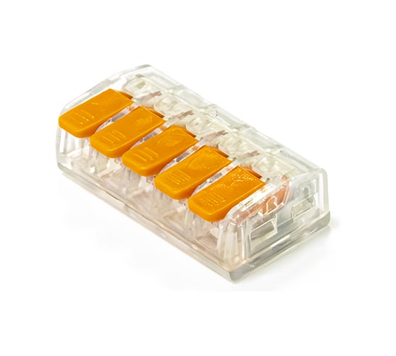 Изображение товара Клемма СМК рычажковая универсальная 5-проводная Промрукав сечение 0,2 - 4 мм² прозрачная (100 шт/уп) PR08.22857