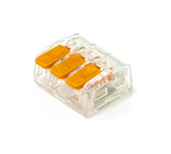 Изображение товара Клемма СМК рычажковая универсальная 3-проводная Промрукав сечение 0,2 - 4 мм² прозрачная (100 шт/уп) PR08.22855