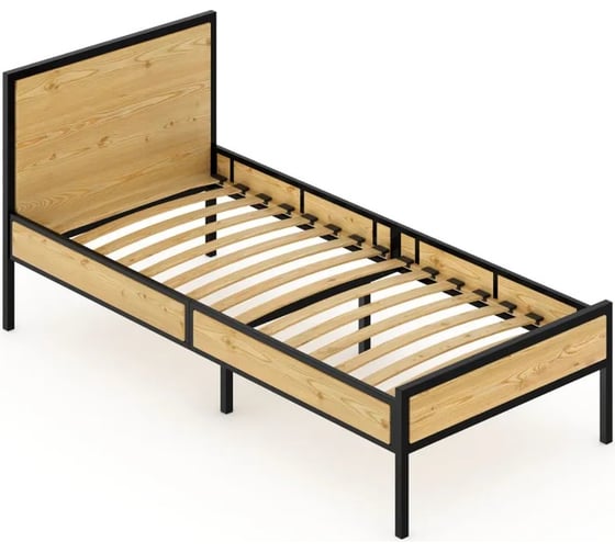 Изображение товара Односпальная кровать Solarius Лофт Компакт с реечным основанием, без шлифовки и покраски, с черным металлическим каркасом, 90x200 см KOMP90loft-net-black