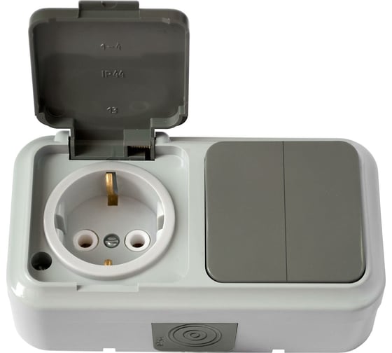 Изображение товара Блок Bylectrica 2 выключателя + розетка с заземляющим контактом ОУ IP54, серия ПРАЛЕСКА АКВА, серый, 2В-РЦ-659 03