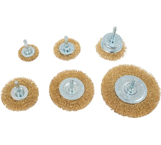 Изображение товара Набор щеток для дрели, 6 шт., 5 плоских 40-50-65-75-100 мм + чашка 50 мм, со шпильками Gigant G-11046L