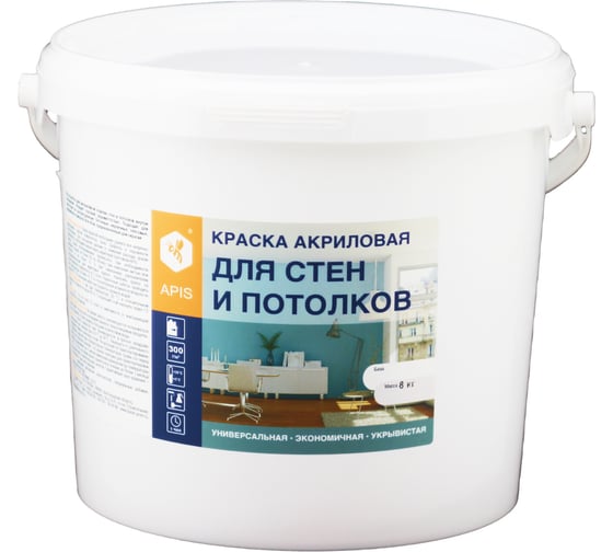 Изображение товара Акриловая краска для стен и потолков APIS белая ведро 8 кг 4665296515117