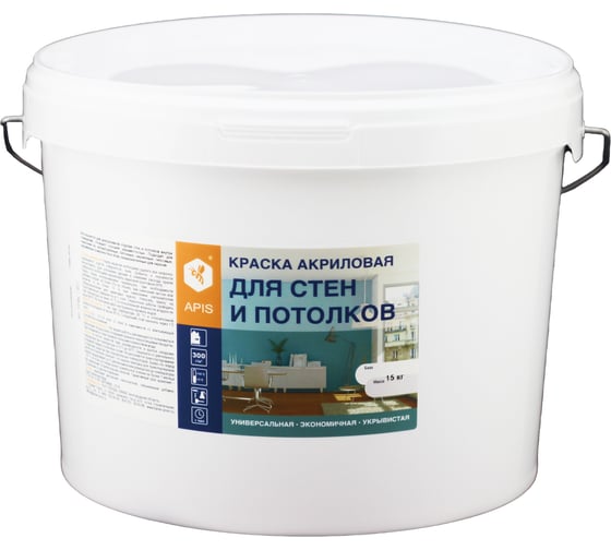 Изображение товара Акриловая краска для стен и потолков APIS белая ведро 15 кг 4665296515094