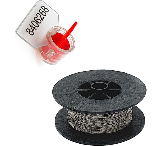 Изображение товара Пломба роторная номерная (комплект) ООО Пломба.Ру красная, 50 шт. и Проволока витая из нержавейки 0,65ммх50м 1006465