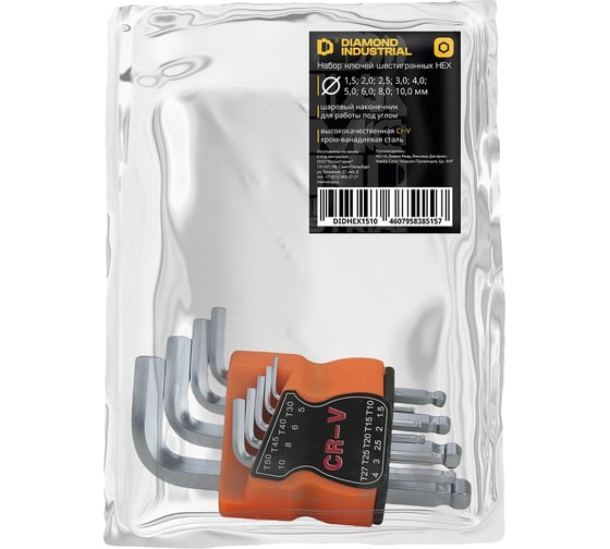 Изображение товара Набор шестигранных ключей HEX 1,5-10 мм, 9 пр. CrV в держателе Diamond Industrial DIDHEX1510