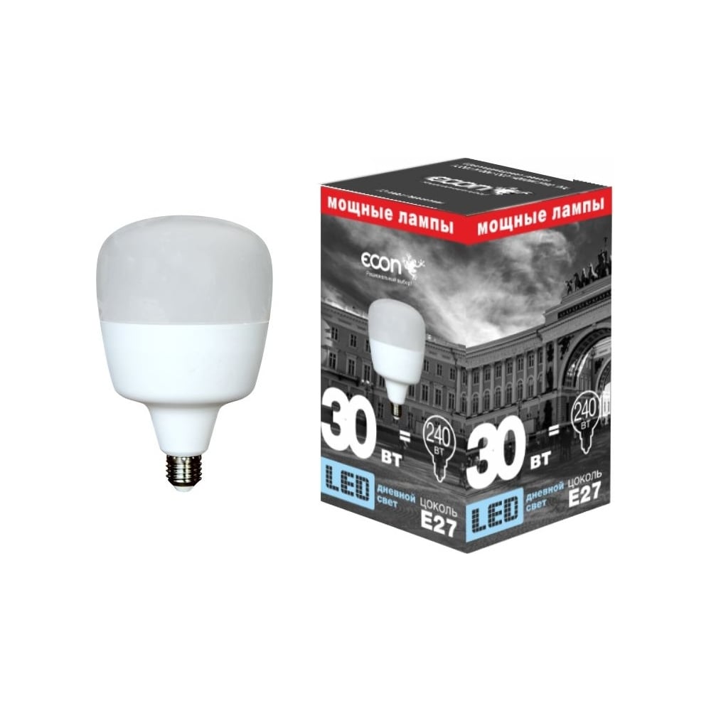 Светодиодная лампа Econ лампа светодиодная rev t100 e27 30w 6500k powermax холодный белый свет цилиндр 32417 1
