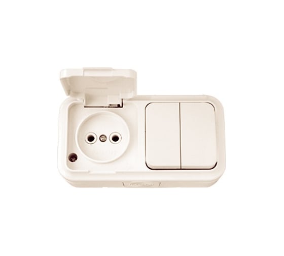 Изображение товара Блок Bylectrica 2 выключателя + розетка ОУ IP54, серия ПРАЛЕСКА АКВА, 2В-РЦ-655 бежевый