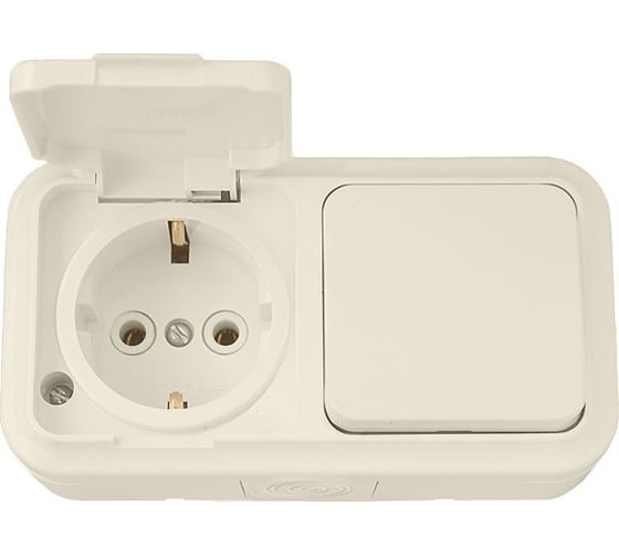 Изображение товара Блок Bylectrica 1 выключатель + розетка с заземляющим контактом ОУ IP54, серия ПРАЛЕСКА АКВА, В-РЦ-657 бежевый