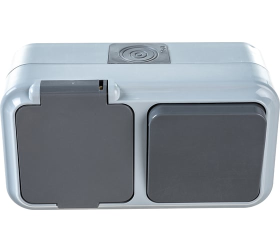 Изображение товара Блок Bylectrica 1 выключатель + розетка с заземляющим контактом ОУ IP54, серия ПРАЛЕСКА АКВА, серый, В-РЦ-657 03