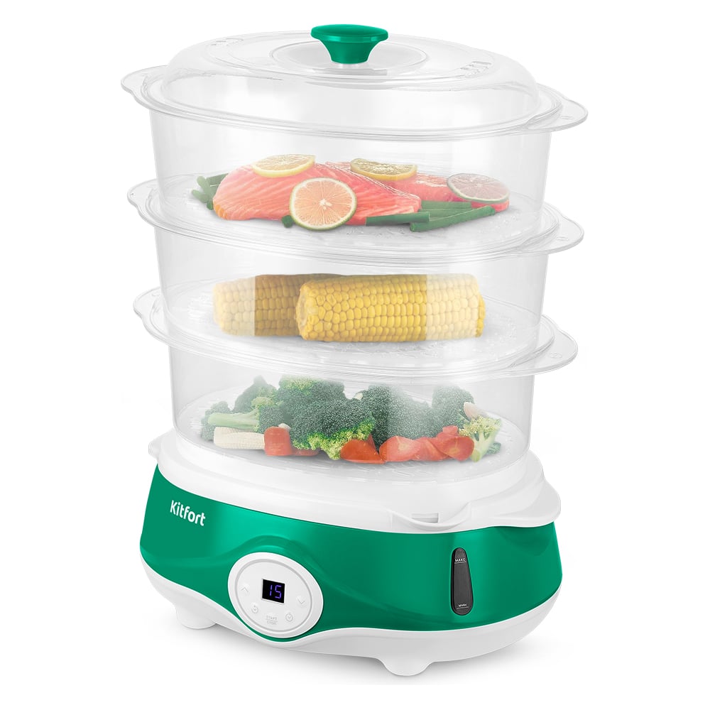 Изображение товара Пароварка Kitfort КТ-6454 3 яруса пластиковая с крышкой и клапаном
