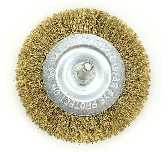 Изображение товара Щетка дисковая EuroBrush Д75х10мм, c хв-м д6х30мм, ворс гофр латунь 0.2мм, до 15000 об/мин, на дрель 13-087 EB-D75BB1