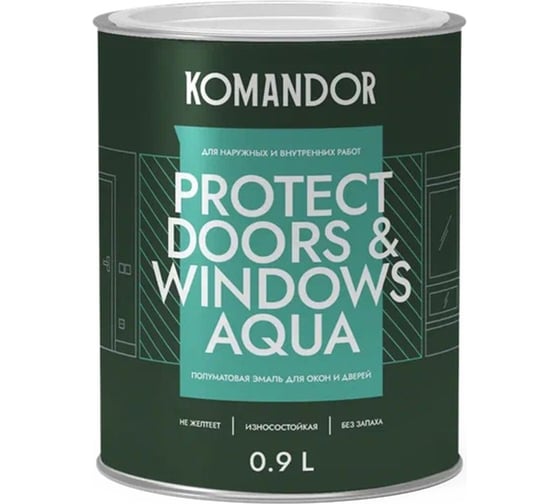 Изображение товара Эмаль для окон и дверей KOMANDOR PROTECT DOORS AND WINDOWS AQUA база C 0,9 л 271035
