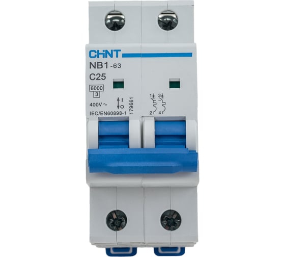 Изображение товара Автоматический выключатель CHINT NB1-63, 2P, 25A, 6кА, характеристика C 179661