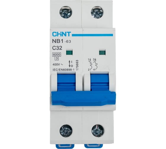 Изображение товара Автоматический выключатель CHINT NB1-63, 2P, 32A, 6кА, характеристика C 179663