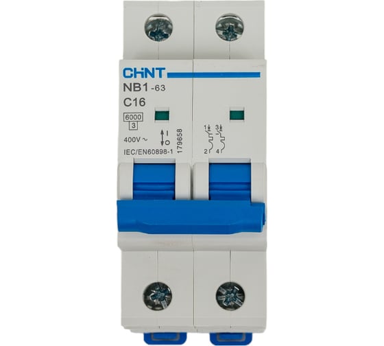 Изображение товара Автоматический выключатель CHINT NB1-63, 2P, 16A, 6кА, характеристика C 179658