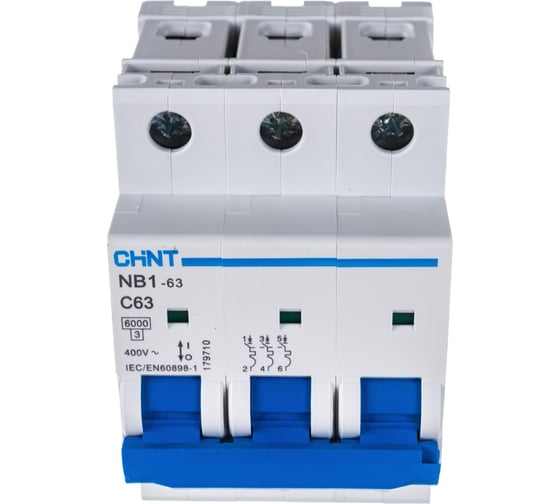 Изображение товара Автоматический выключатель CHINT NB1-63, 3P, 63A, 6кА, характеристика C 179710
