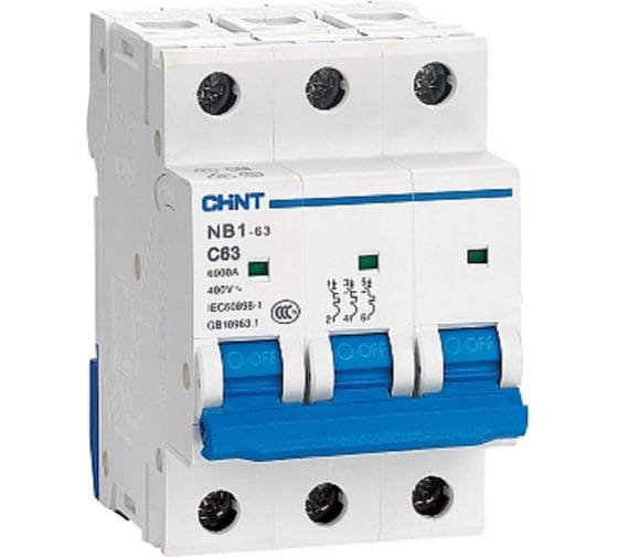 Изображение товара Автоматический выключатель CHINT NB1-63, 3P, 20A, 6кА, характеристика C 179702