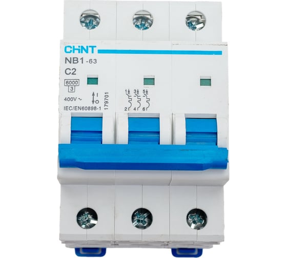 Изображение товара Автоматический выключатель CHINT NB1-63, 3P, 2A, 6кА, характеристика C 179701