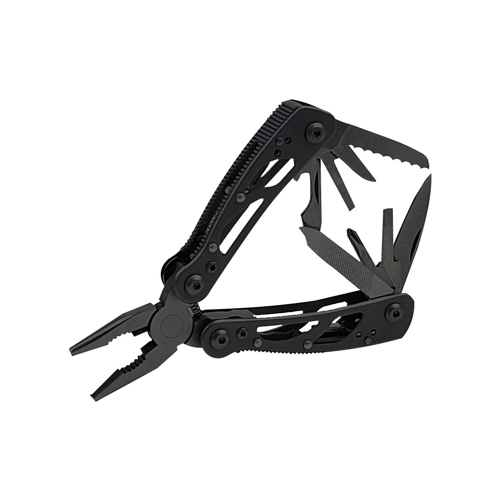 Ganzo G104SBEX — карманный мультитул небольшого размера. Основой мультитула выступают плоскогубцы, которые могут удерживать как круглые, так и плоские предметы. Встроенные кусачки легко перекусят провода или проволоку. Пружинный механизм автоматически возвращает губки в открытое положение после сжатия. Это сильно снижает нагрузку на руку, поэтому работать можно дольше и эффективнее.Все инструменты, кроме лезвий, сделаны из нержавеющих сталей 2Cr13, 5Cr14 и 440. Эти элементы делают сталь прочной, износостойкой и устойчивой к коррозии. Лезвия долго сохраняют остроту, инструменты не ржавеют и работают эффективно даже если часто пользоваться ими во влажной среде.Черная матовая отделка рукояток и фигурные вырезы придают технологичный и стильный вид. Вырезы также способствуют снижению веса мультитула. Насечки на боковых поверхностях рукояток и упоры для большого пальца помогают надежно удерживать инструмент и повышают управляемость модели. Мультитул не выскользнет при работе, даже если брать его мокрыми руками.Длина в разложенном виде составляет 11,4 см, а в сложенном — всего 7,3 см. Толщина ручек равна 1,5 см, а весит инструмент всего 87 грамм. Компактный и легкий мультитул не создает лишней нагрузки и без проблем помещается в карман или рюкзак. В комплекте идет фирменный нейлоновый чехол для хранения и переноски.Мультитул сочетает функции: плоскогубцы с кусачками; лезвие с прямой заточкой; серрейтор; две плоских отвертки; крестовая отвертка; шило; напильник; открывалка.