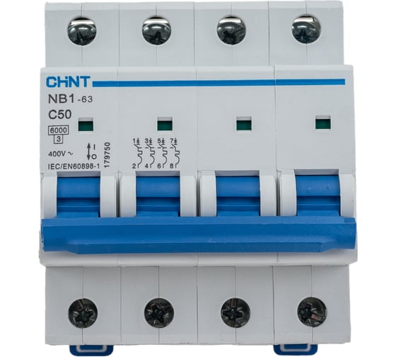 Изображение товара Автоматический выключатель CHINT NB1-63, 4P, 50A, 6кА, характеристика C 179750