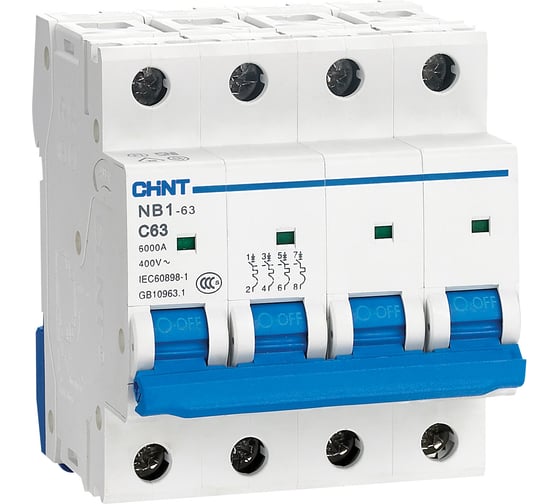 Изображение товара Автоматический выключатель CHINT NB1-63, 4P, 63A, 6кА, характеристика C 179752
