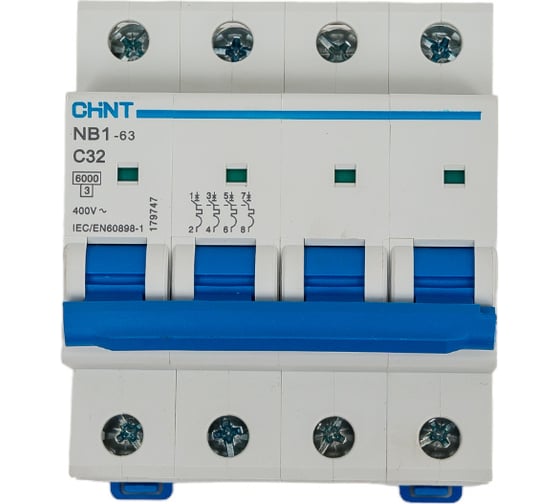 Изображение товара Автоматический выключатель CHINT NB1-63, 4P, 32A, 6кА, характеристика C 179747