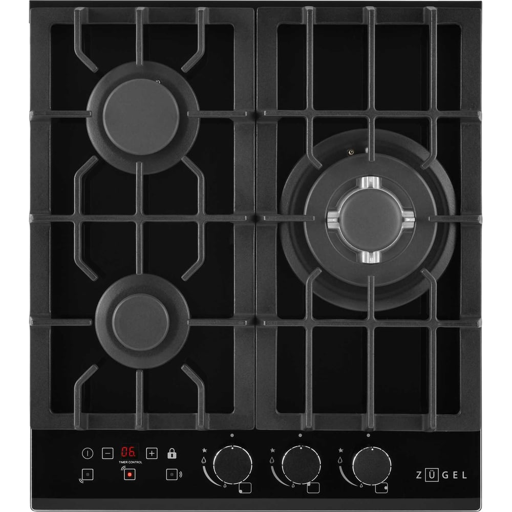 Изображение товара Газовая варочная панель ZUGEL ZGH450X с черным стеклом, 3 конфорки безопасная и современная