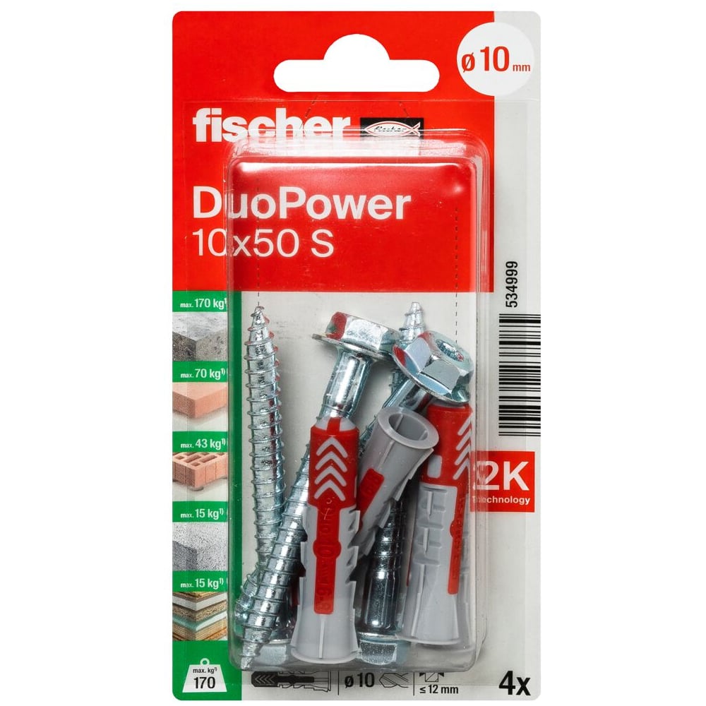 Изображение товара Дюбель Fischer DUOPOWER 10x50 ШУР 4 шт монтажный крепеж для бетона кирпича гипсокартона газобетона