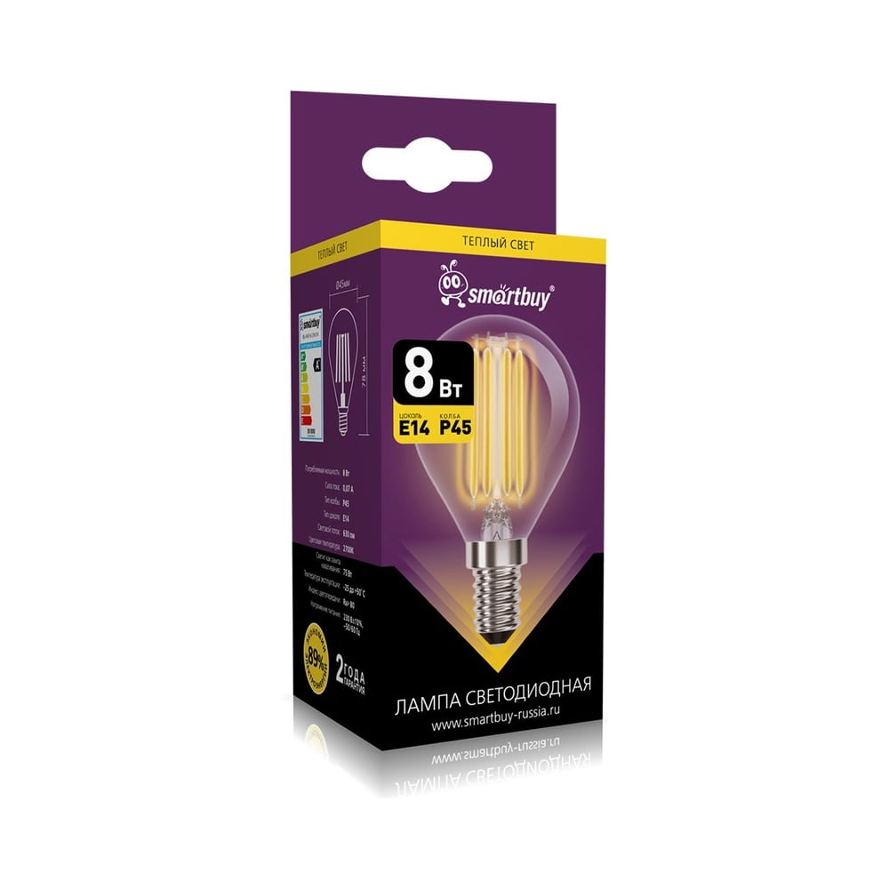 Изображение товара Светодиодная лампа Smartbuy 8W E14 теплый белый декоративная