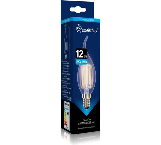 Изображение товара Светодиодная лампа Smartbuy (LED) FIL-C37-12Вт/6500К/E14 свеча на ветру SBL-C37FCAN-12-65K-E14