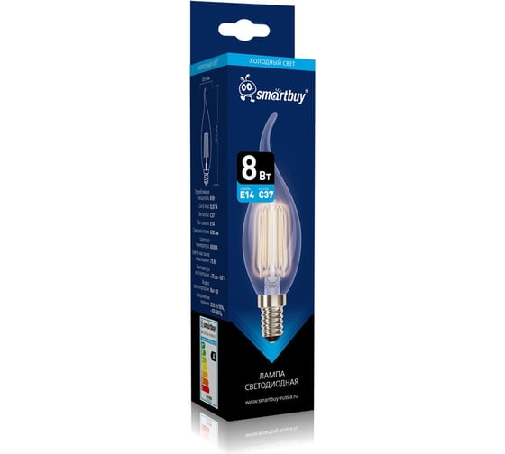 Изображение товара Светодиодная лампа Smartbuy (LED) FIL-C37-8Вт/6500К/E14 свеча на ветру SBL-C37FCan-8-65K-E14