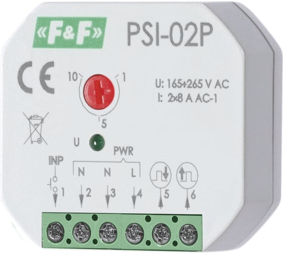 Изображение товара Реле-формирователь импульсов Евроавтоматика F&F PSI-02P, длительность импульса 1-10с, питание 165-265В AC, монтаж в монтажную коробку EA09.001.012