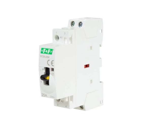 Изображение товара Контактор Евроавтоматика F&F ST25-20-M 2NO, автоматическое/ручное управление, потребляемая мощность 2,2Вт, 1 модуль, монтаж на DIN-рейке EA13.001.031