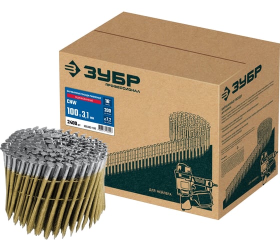 Изображение товара Барабанные гвозди ЗУБР CNW рифленые 100x3.1 мм, оцинкованные, 2400 шт 305383-100