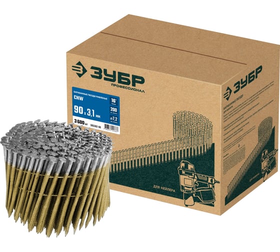 Изображение товара Барабанные гвозди ЗУБР CNW рифленые 90x3.1 мм, 3600 шт 305382-90