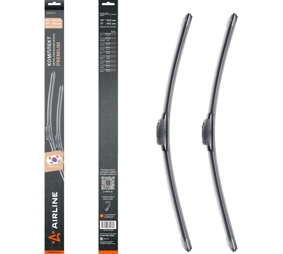 Изображение товара Комплект щеток стеклоочистителя AIRLINE 500/480мм (20/19) бескаркасные PREMIUM с креплением Крючок 9x3, 9x4 мм, 2 штуки AWBM007