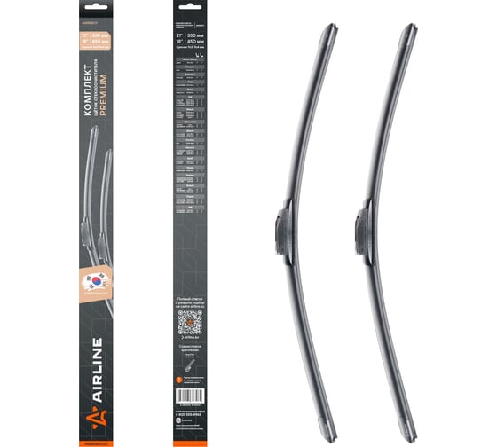 Изображение товара Комплект щеток стеклоочистителя AIRLINE 530/450мм (21/18) бескаркасные PREMIUM с креплением Крючок 9x3, 9x4 мм, 2 штуки AWBM011