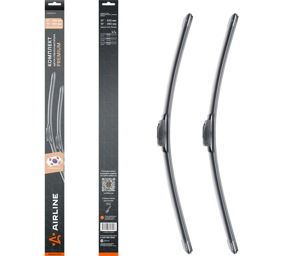Изображение товара Комплект щеток стеклоочистителя AIRLINE 530/380мм (21/15) бескаркасные PREMIUM с креплением Крючок 9x3, 9x4 мм, 2 штуки AWBM010