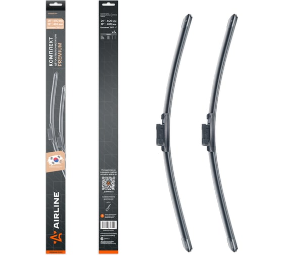Изображение товара Комплект щеток стеклоочистителя AIRLINE 600/450мм (24/18) бескаркасные PREMIUM с креплением DNTL1.1, 2 штуки AWBM044