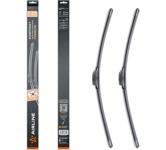 Изображение товара Комплект щеток стеклоочистителя AIRLINE 600/430мм (24/17) бескаркасные PREMIUM с креплением Крючок 9x3, 9x4 мм, 2 штуки AWBM038