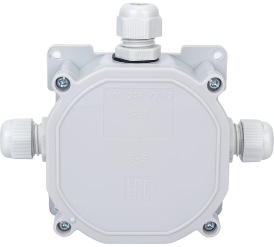 Изображение товара Монтажная коробка Bylectrica с клеммными колодками при открытой разводке 3 ввода IP67 диаметр 75,7, высота 44,5 мм, КМ-248