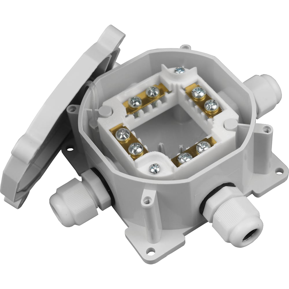 Изображение товара Монтажная коробка Bylectrica с клеммными колодками при открытой разводке 4 ввода IP67 диаметр 75,7, высота 44,5 мм, КМ-230