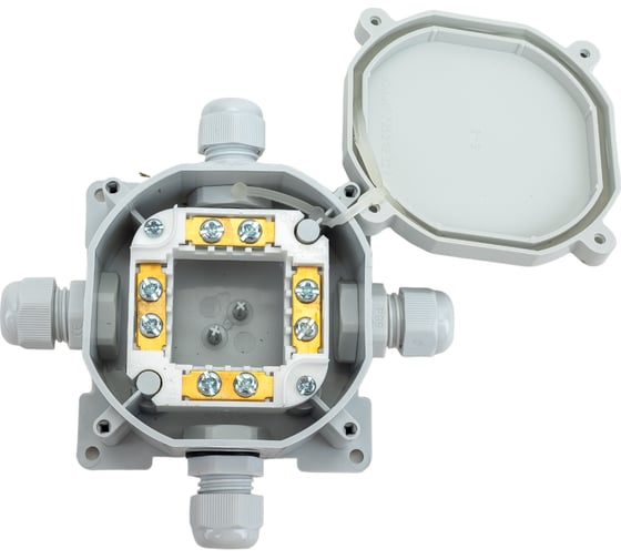 Изображение товара Монтажная коробка Bylectrica с клеммными колодками при открытой разводке 4 ввода IP67 диаметр 75,7, высота 44,5 мм, КМ-230