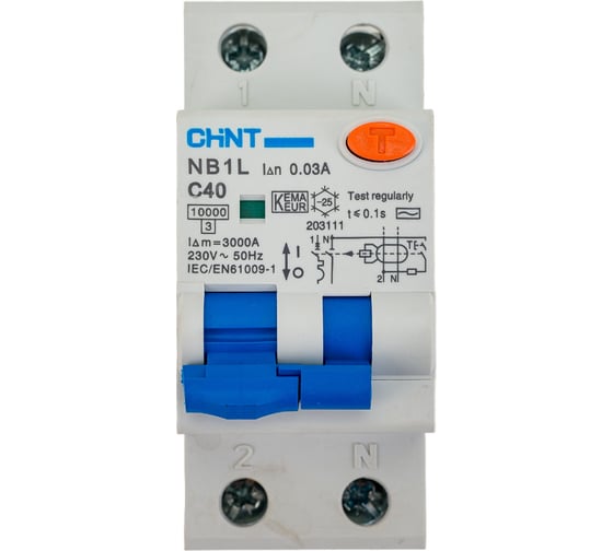 Изображение товара Дифференциальный автоматический выключатель CHINT, NB1L, 1P+N, C40, 30mA, тип AC, 10kA, 36mm 203111
