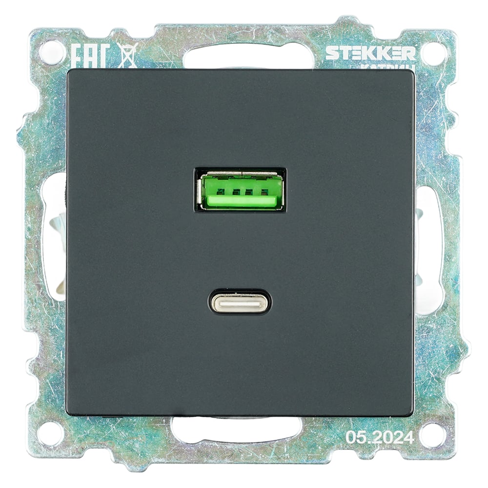 Изображение товара Механизм розетки 2-местной STEKKER USB + type C, GLS10-7116-05, 250B, 3А, серия Катрин, черный, 50055 Изображение товара Механизм розетки 2-местной STEKKER USB + type C, GLS10-7116-05, 250B, 3А, серия Катрин, черный, 50055