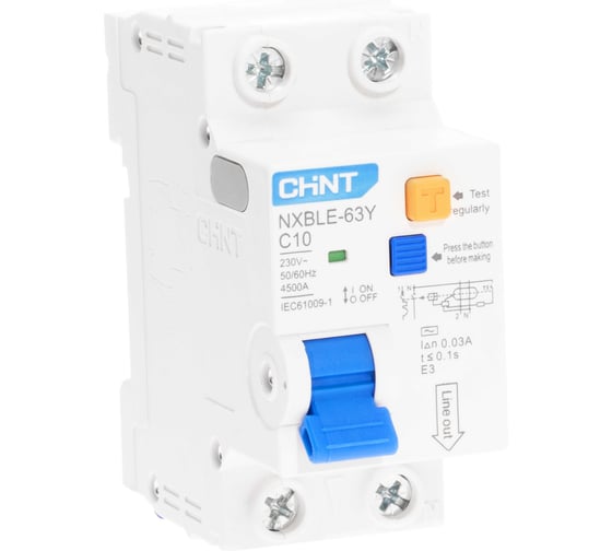 Изображение товара Дифференциальный автоматический выключатель CHINT, NXBLE-63Y, 1P+N, 10А, 30mA, электронный, тип AС, характеристика С, 4.5kA 105541