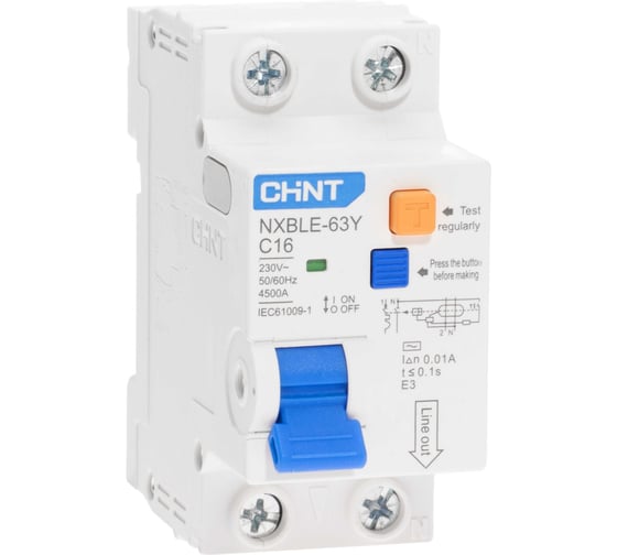 Изображение товара Дифференциальный автоматический выключатель CHINT, NXBLE-63Y, 1P+N, 16А, 30mA, электронный тип AС, характеристика С, 4.5kA 105542